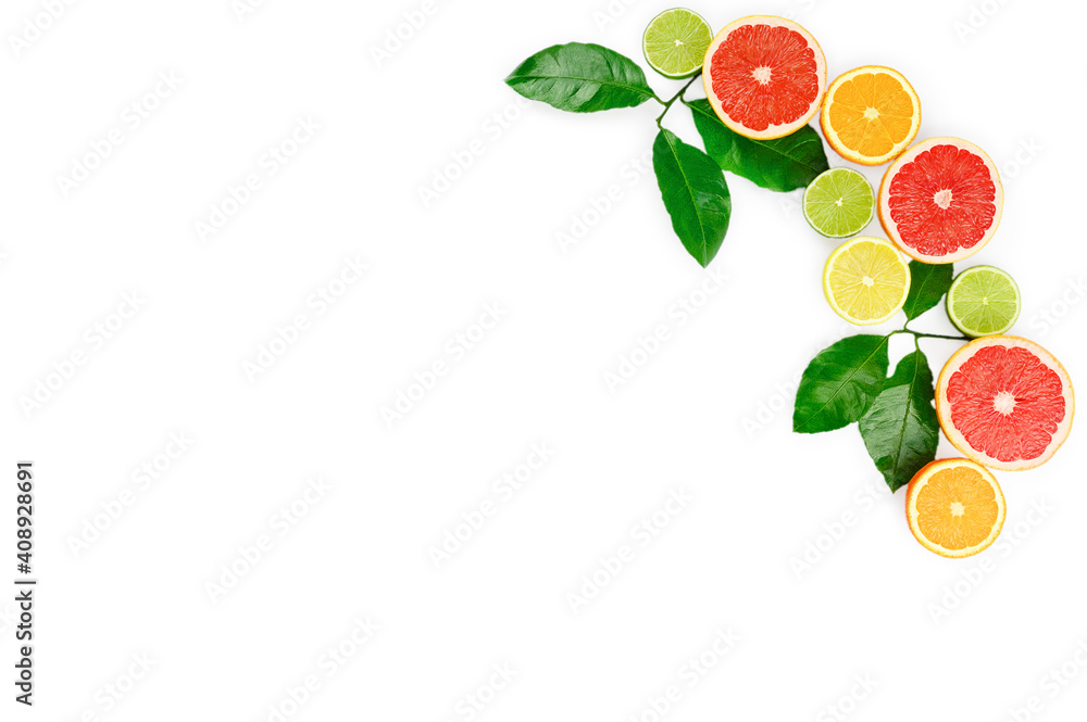 Flat lay composition with citrus fruits, leaves and flowers on white background, copy space. Flat lay composition with citrus fruits, leaves and flowers on white background, copy space.