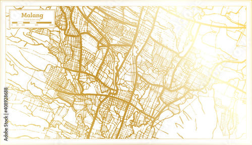 Malang Indonesia City Map in Retro Style in Golden Color. Outline Map.