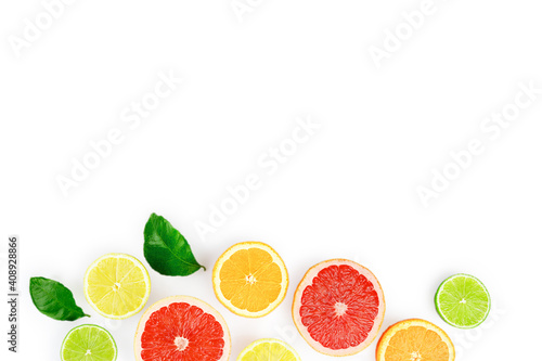 Flat lay composition with citrus fruits  leaves and flowers on white background  copy space.