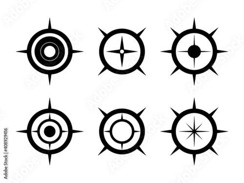 Black compass illustration symbol set. North arrow for mapping.