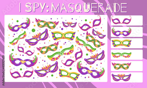 I spy game. Childrens educational fun. Count how many elements. Flat hand drawn cartoon masquerade masks. Mardi Gras holiday. Theater and opera. Vector template for preschool games.