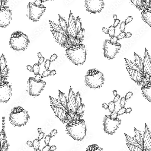 Seamless sketch texture with homemade cacti and succulents in pots with hatching. Decorations for the interior. Vector contour pattern for wallpaper, fabric and your creativity.