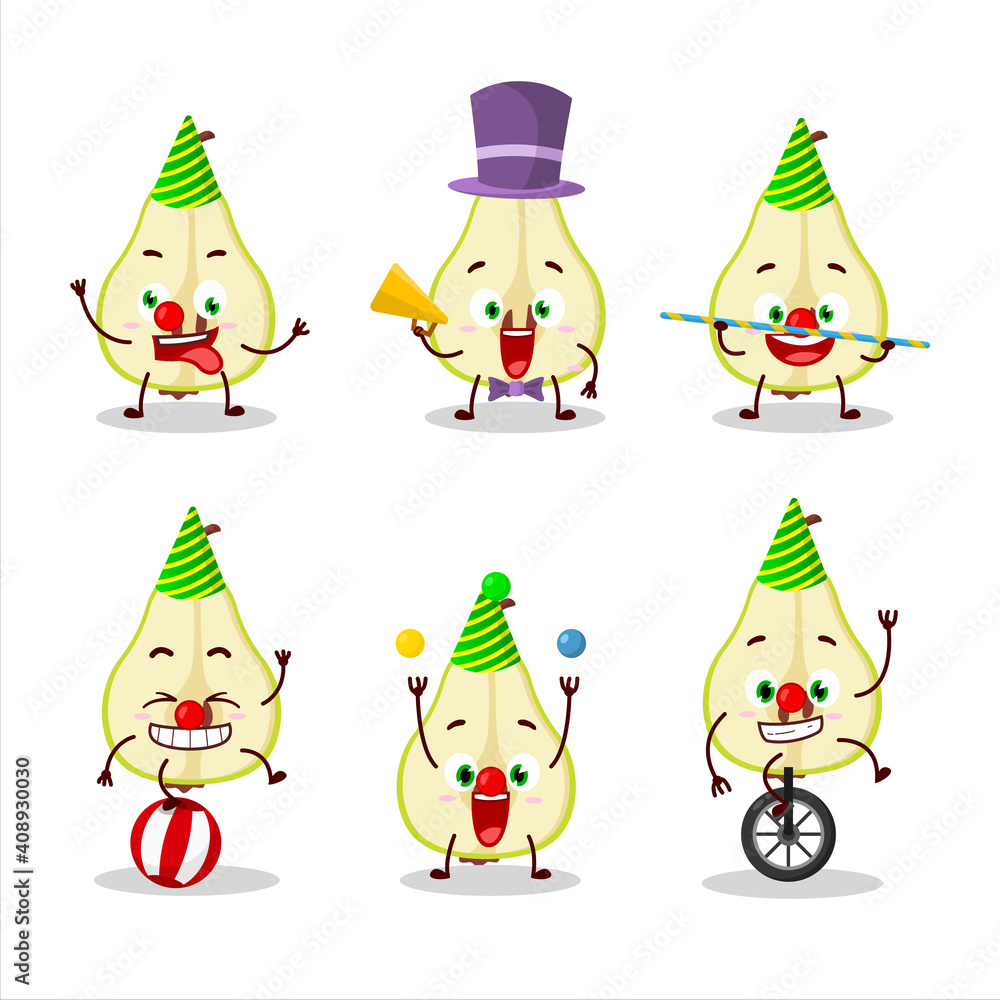 Naklejka premium Cartoon character of slash of green pear with various circus shows