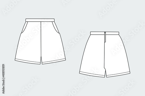 Shorts vector template isolated on a grey background. Female model. Front and back view. Outline fashion technical sketch of clothes model.