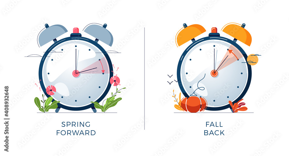 Daylight Saving Time concept. Set of alarm clocks, text fall back, spring forward. Landscapes collection, the clocks turning to summer and winter time for website design. Flat vector illustration