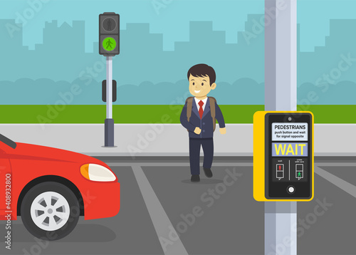 Driving a car. School kid crossing road on crosswalk with traffic lights. Road safety rules. Traffic signal controlled pedestrian facilities. Flat vector illustration template.