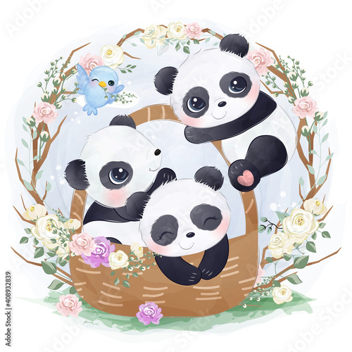 cute panda illustration in watercolor effect great for baby shower decoration and children prints.