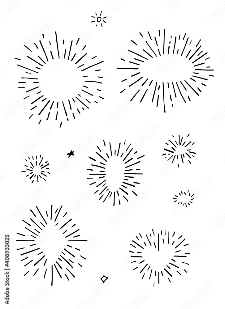 Obraz premium Set Vintage Hand Drawn Design Element Fireworks Black Rays. Vector.
