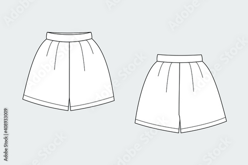 Shorts vector template isolated on a grey background. Female model. Front and back view. Outline fashion technical sketch of clothes model.