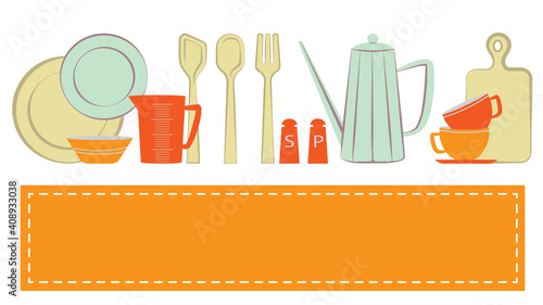 Set of kitchen utensils and frame for text, kitchen and cooking concept, vector illustration, flat design.