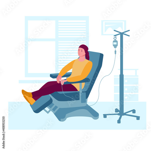 Oncology patient having a chemotherapy. Woman with cancer gets a drip. Vector concept of cancer treatment and medicine. Illustration in flat cartoon style.