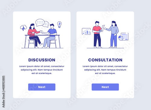 discussion consultation men and women talking onboarding for mobile app apps application with cartoon flat outline style