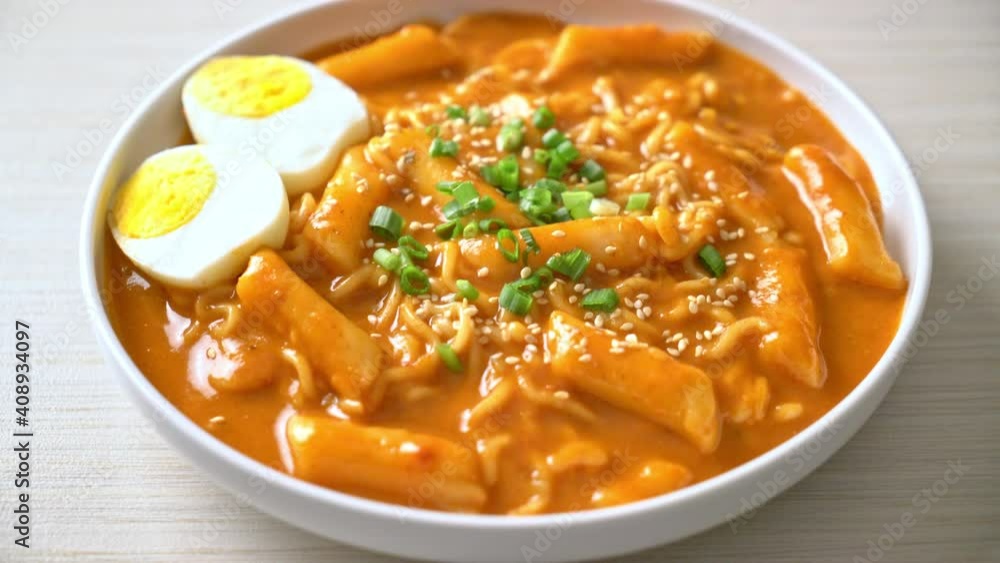 Korean instant noodle and Tteokbokki in Korean spicy sauce, Rabokki - Korean food style