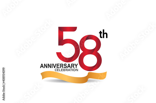 58 anniversary design logotype red color and golden ribbon for celebration isolated on white background