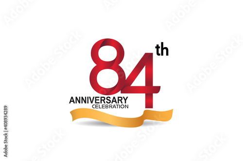 84 anniversary design logotype red color and golden ribbon for celebration isolated on white background