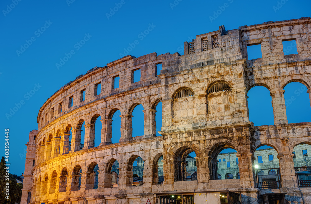 Detail of the Pula Arena in Croatia at night