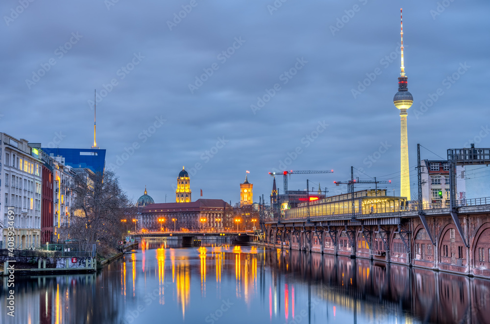 The river Spree in Berlin with the Television Tower at dusk