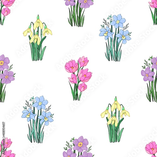 Spring wildflowers. Botanical background. Isolated vector seamless pattern.