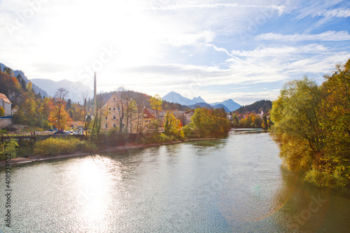 Lech river and autumn forest in Fussen, Bavaria, Germany.