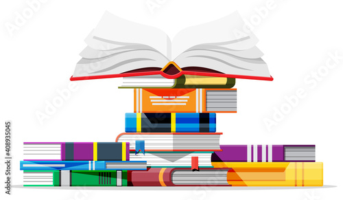 Pile of books isolated on white background. Book cover in various colors. Reading education, e-book, literature, encyclopedia. Vector illustration in flat style