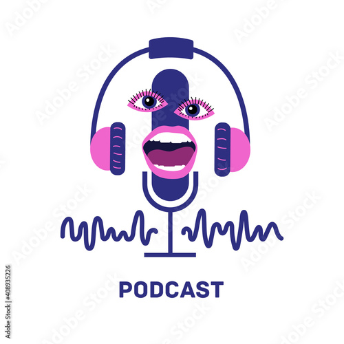 Microphone with human big eyes and a mouth in headphones, podcast recording, stylization. An unusual and modern trend. Podcast cover concept.