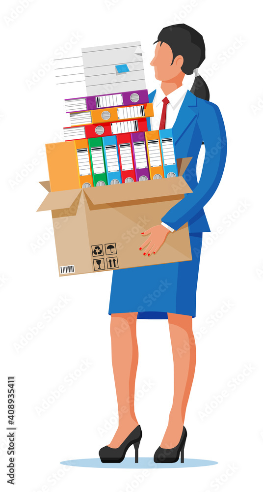 Stressed businesswoman holds pile of office documents. Overworked business woman with stacks of papers. Stress at work. Bureaucracy, paperwork, big data. Vector illustration in flat style Stressed businesswoman holds pile of office documents. Overworked business woman with stacks of papers. Stress at work. Bureaucracy, paperwork, big data. Vector illustration in flat style