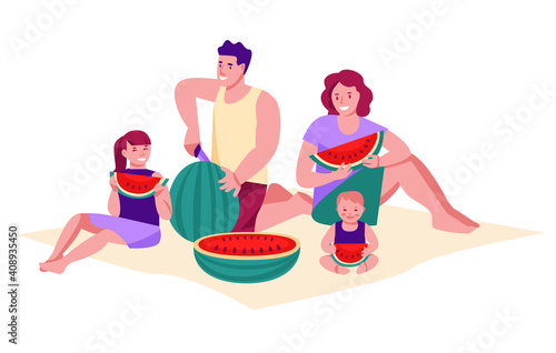 Family on a summer picnic eating watermelon. The concept of family vacation, pastime. Vector illustration in flat cartoon style. Isolated on a white background.