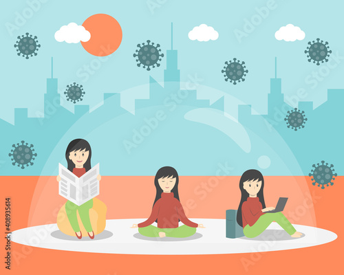 Asian girl doing sevearl activities in clear dome protecting her from Corona virus. Stay safe in safe zone. Stay home and lockdown concept