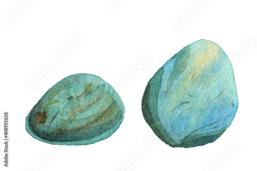 Watercolor sea pebbles set, blue and turquoise stones. Natural texture with paint splashes. Can be used for print, postcard. Hand drawn raster stock illustration in realism, traditional drawing.