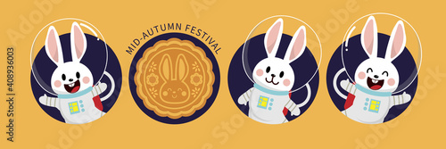 Happy mid autumn festival, Chuseok greeting card with cute rabbit wear astronaut dress, cake and moon. Animal cartoon character vector.