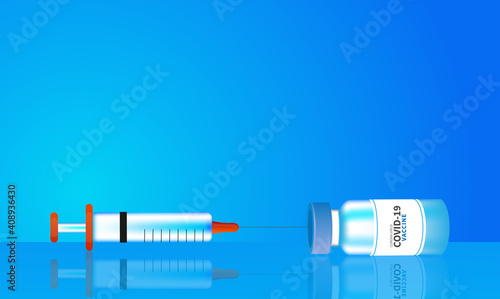The concept of the Covid-19 coronavirus. vaccine bottle and syringe on blue background