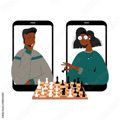 Two black people plays chess online. Man and woman competing in chess from their smartphones. Distant leisure activity concept vector illustration. Chess tournament at online chess club