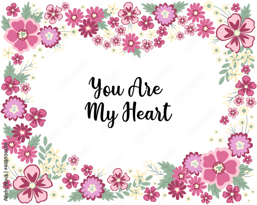 Floral frame in the shape of heart isolated on white background. Vector illustration. Set of vector leaves and flowers. For greetings, posters, cards, covers, banners, scrapbooking, flyers, and more. 
