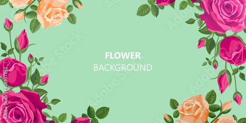 Floral green background. Roses, buds and leaves in retro style with copyspace. Pink, red, purple, orange colors, flower pattern of roses. delicate colors. Horizontal summer banner.