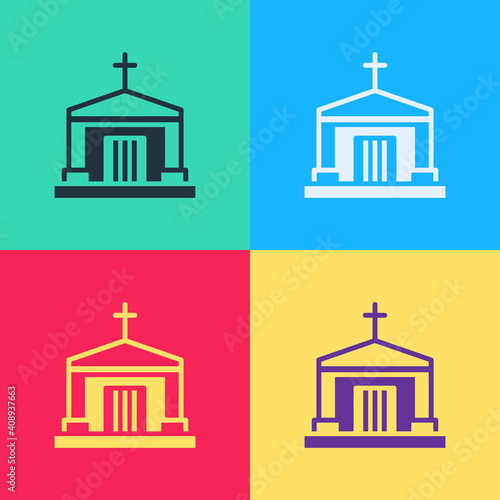 Pop art Old crypt icon isolated on color background. Cemetery symbol. Ossuary or crypt for burial of deceased. Vector.