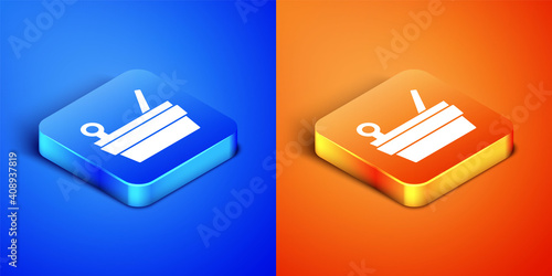 Isometric Sauna bucket and ladle icon isolated on blue and orange background. Square button. Vector.