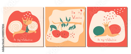 Vector Valentines cards. Cute cherries together on branch. Сouple of little snails. Be my Valentine. Love and red hearts. Romantic holiday poster or greeting card, banner