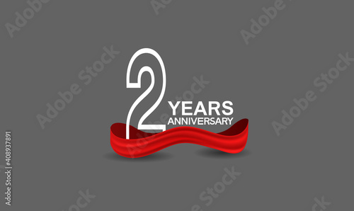 2 years anniversary line style white color with red color ribbon isolated on dark grey background can be use for party, invitation and celebration event