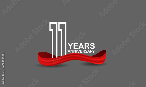 11 years anniversary line style white color with red color ribbon isolated on dark grey background can be use for party, invitation and celebration event
