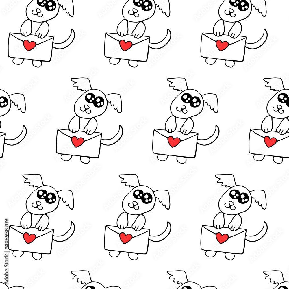 Vector Seamless pattern. Cute contour little dog with love letter and hearts. Hand drawn doodle. Background and texture on theme of Valentine's Day, sending and receiving post, confessions of feelings Vector Seamless pattern. Cute contour little dog with love letter and hearts. Hand drawn doodle. Background and texture on theme of Valentine's Day, sending and receiving post, confessions of feelings