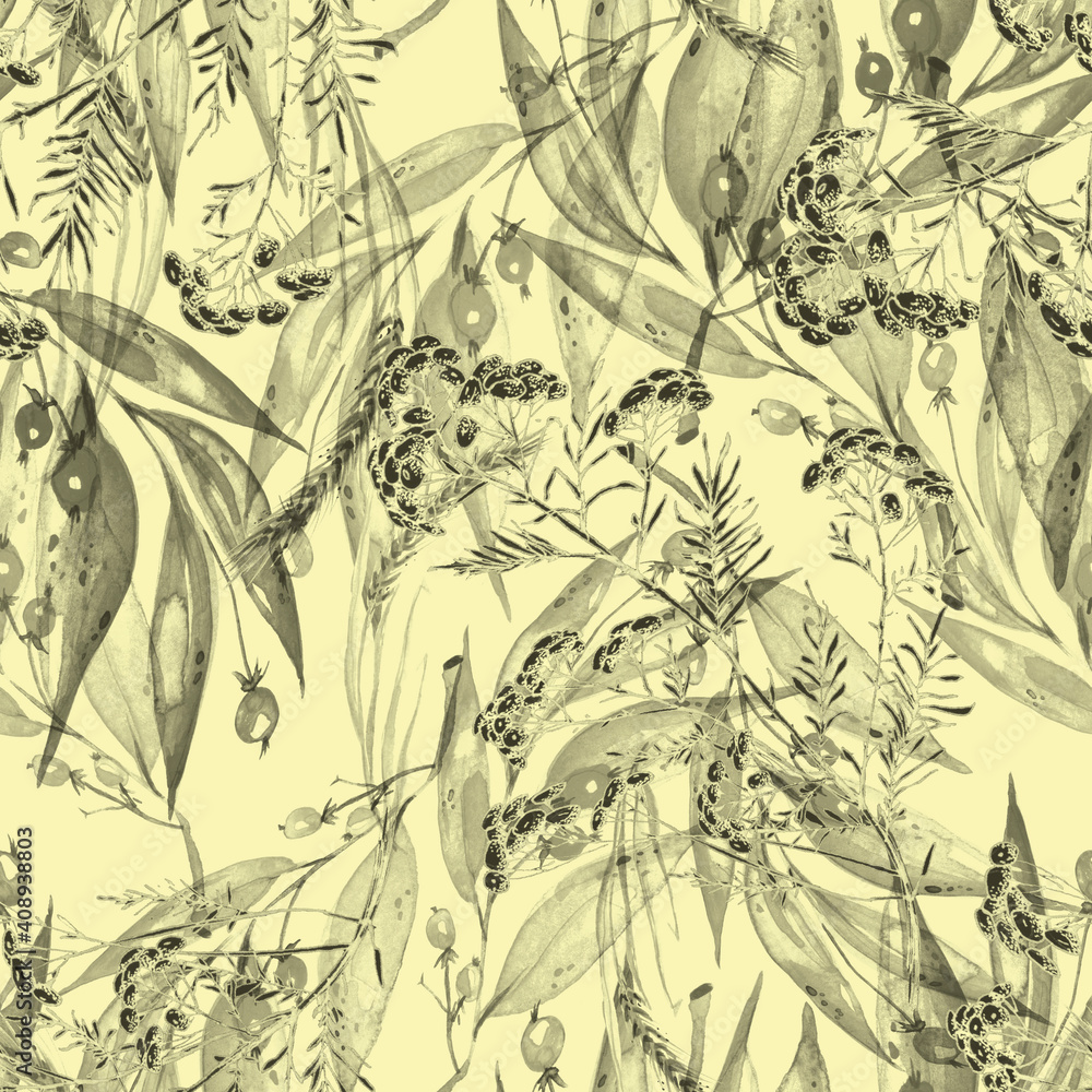 Fototapeta premium Watercolor seamless pattern. Branch with berry Watercolor background, drawing with autumn leaves, plants, berries, branches of linden, aspe. Spikelet, wheat, wild grass. tansy, immortelle, wild herbs