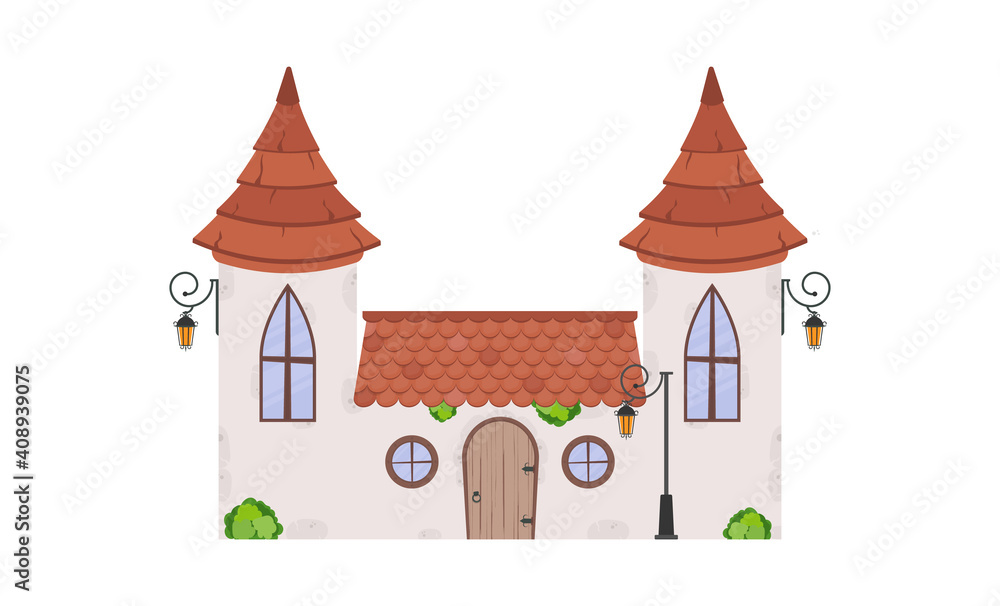 House with towers. Stone building with windows, door and roof. Cartoon style. For the design of games, postcards and books. Isolated on white background. Vector illustration.