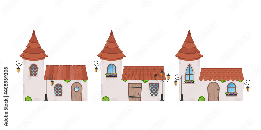 Set of Small fairy houses. Stone building with windows, door and roof. Cartoon style. For the design of games, postcards and books. Isolated on white background. Vector illustration.