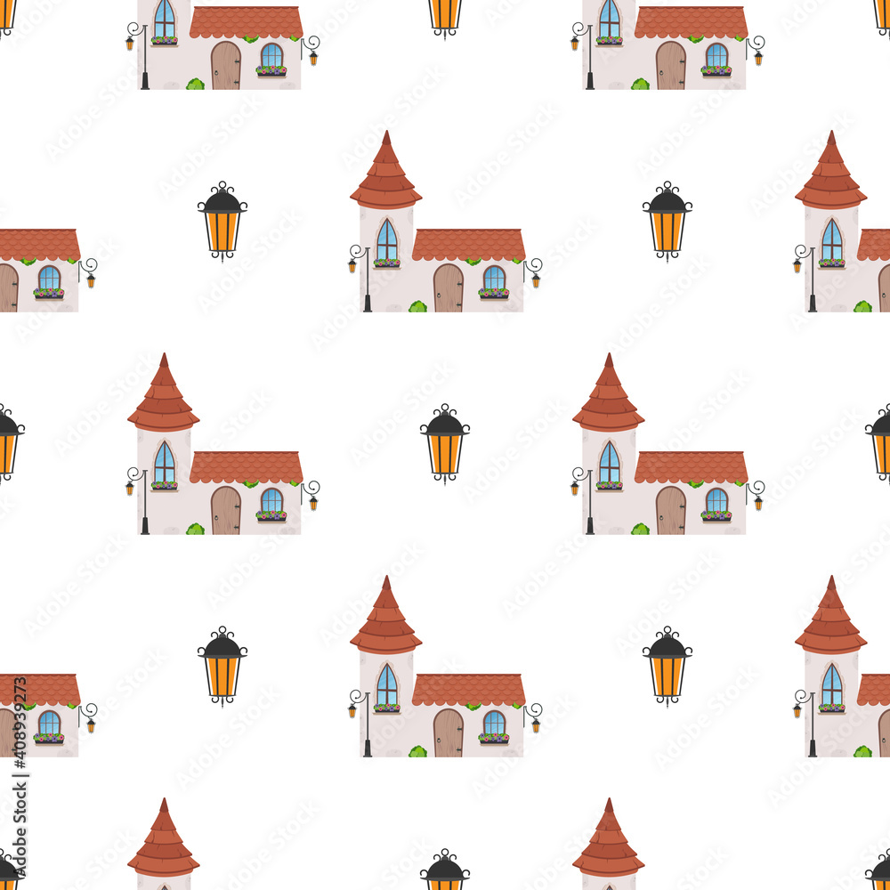 Seamless pattern with castle tower. Endless background. Good for wrapping paper, postcards, and books. Vector illustration.
