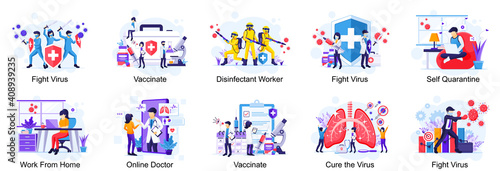 Set of COVID-19 Coronavirus illustration, Doctor and nurses fight the virus, Coronavirus disease concept flat vector illustration