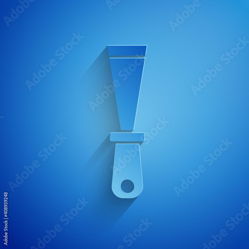 Paper cut Putty knife icon isolated on blue background. Spatula repair tool. Spackling or paint instruments. Paper art style. Vector.