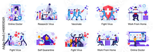 Set of COVID-19 Coronavirus illustration, Doctor and nurses fight the virus, Coronavirus disease concept flat vector illustration
