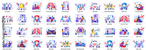 Mega Collection set of COVID-19 Coronavirus illustration, Doctor and nurses fight the virus, Coronavirus disease concept flat vector illustration