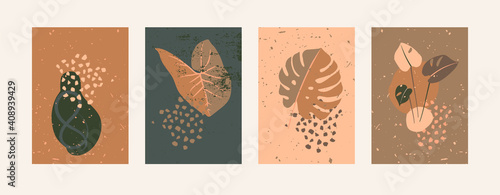 Vector botanical terracotta wall art set. Mid century Modern abstract vases and exotic tropical plants. Ink brush stroke prints. Creative contemporary wall prints, posters, card templates collection