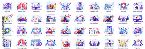 Mega Collection set of COVID-19 Coronavirus illustration, Doctor and nurses fight the virus, Coronavirus disease concept flat vector illustration